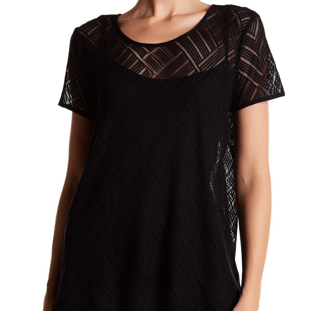Three Dots Scoop Neck Lace Tee Black Sheer Layer S
